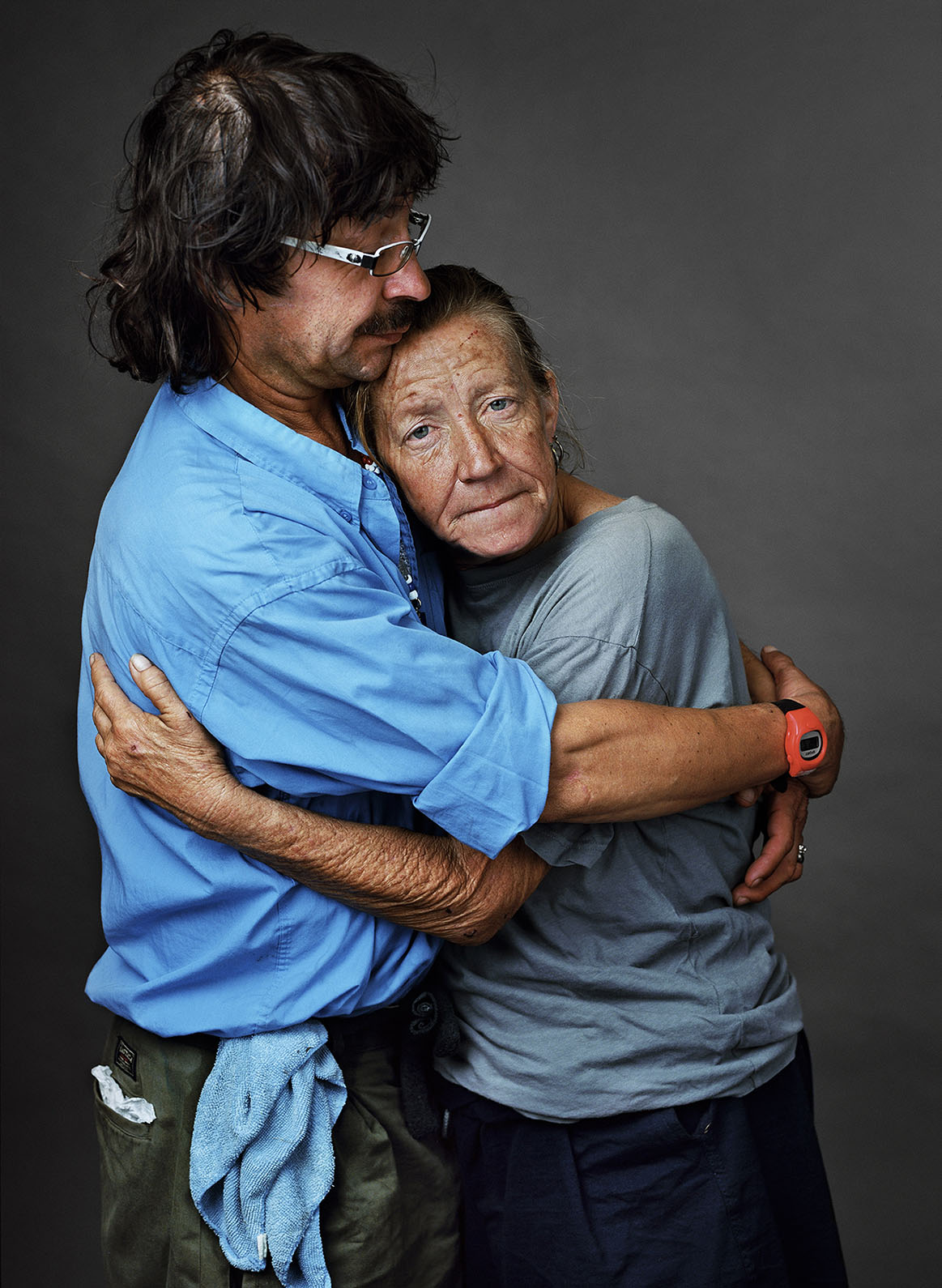 USA. "Down and Out in the South": Studio portraits of homeless people in Atlanta (GA), Columbia (SC) and the Mississippi Delta.  Pierre (b. Canada, 1963) and Cinthia (b. 1959), photographed in Atlanta, GA. June 2011. 